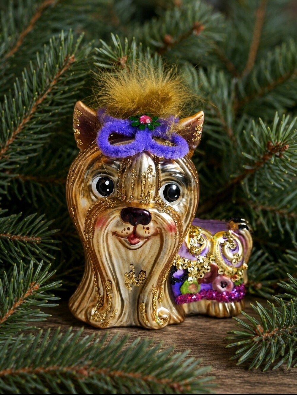 BestPysanky Golden Yorkie Yorkshire Terrier Dog Glass Vintage Christmas Ornament
